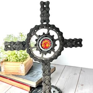 Repurposed Bicycle Chain Art Cross New Belgium Brewing Sprocket Gear Handmade
